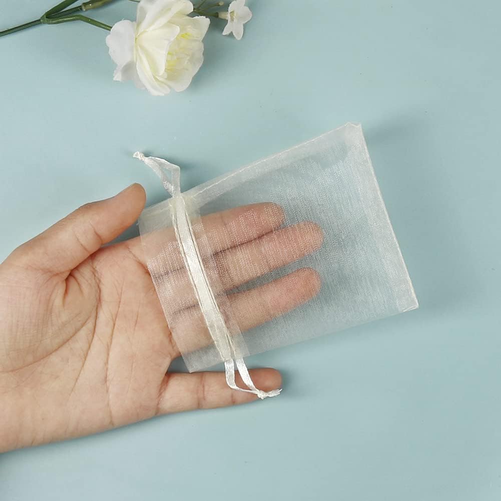 HRX Package 100pcs Little Organza Bags 3 x 4 inch, Pastel Yellow Mesh Bags Drawstring Pouches for Jewelry Bracelets Candy Party Favor Small Gift