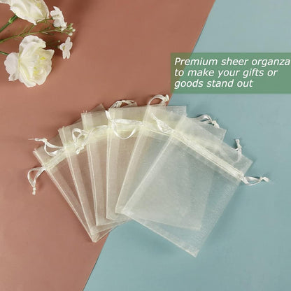 HRX Package 100pcs Little Organza Bags 3 x 4 inch, Pastel Yellow Mesh Bags Drawstring Pouches for Jewelry Bracelets Candy Party Favor Small Gift