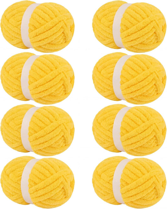 Yellow Chunky Chenille Yarn for Hand Knitting Blanket (8 Pack, Total 64oz) - Shed-Resistant Fluffy Jumbo Yarn for Crocheting, Super Bulky Big Yarn for DIY Throw, Pre-Wound & Tangle-Free