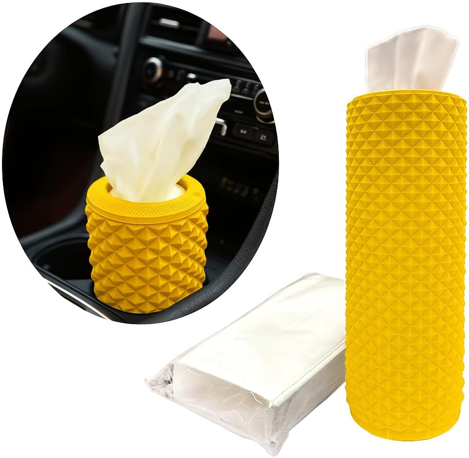Car Cup Holder Tissue Box Holder – Auto Interior Accessories for Men & Women，Car Accessories Organizer with Premium Tissues with 1 Pack Tissues, Universal Fit for Most Vehicles (Lemon Yellow)