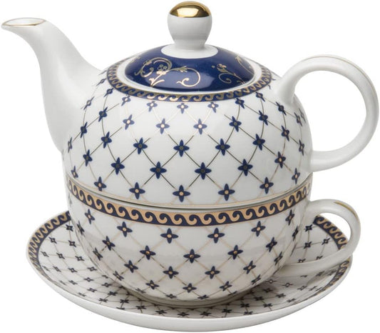 Grace Teaware Porcelain 4-Piece Tea For One (Trellis Blue Gold)