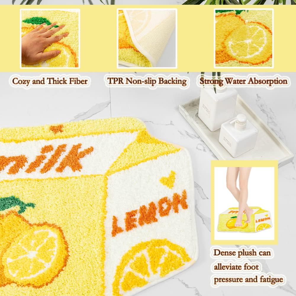 Lemon Fruit Bath Mat for Bathroom Rugs Cute Yellow Absorbent Non Slip Fruit Lemon Bath Rug Milk Cartoon Shaped Fun Plush Microfiber Shower Rug Washable Carpet Fluffy Bathtub Mat Decorative