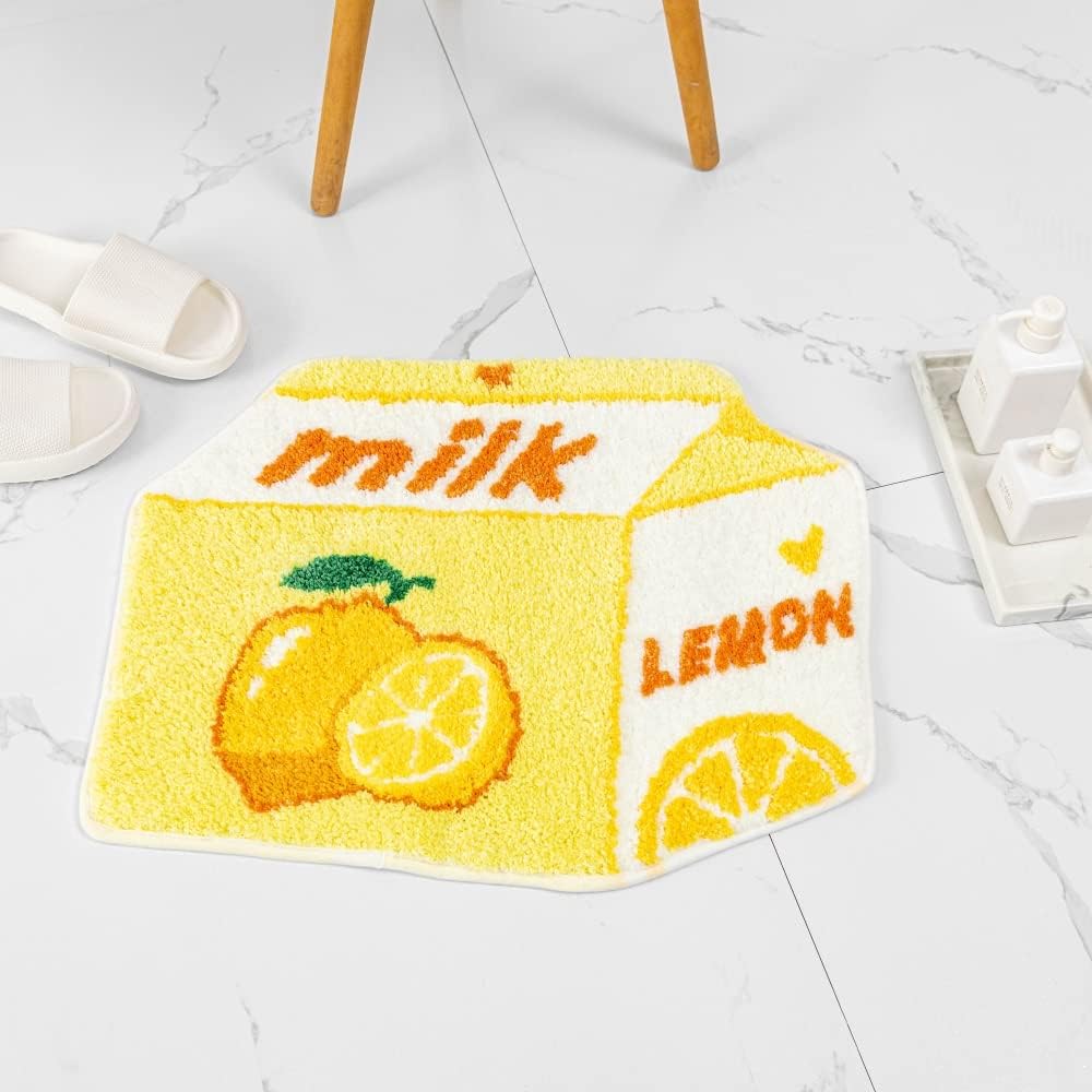 Lemon Fruit Bath Mat for Bathroom Rugs Cute Yellow Absorbent Non Slip Fruit Lemon Bath Rug Milk Cartoon Shaped Fun Plush Microfiber Shower Rug Washable Carpet Fluffy Bathtub Mat Decorative
