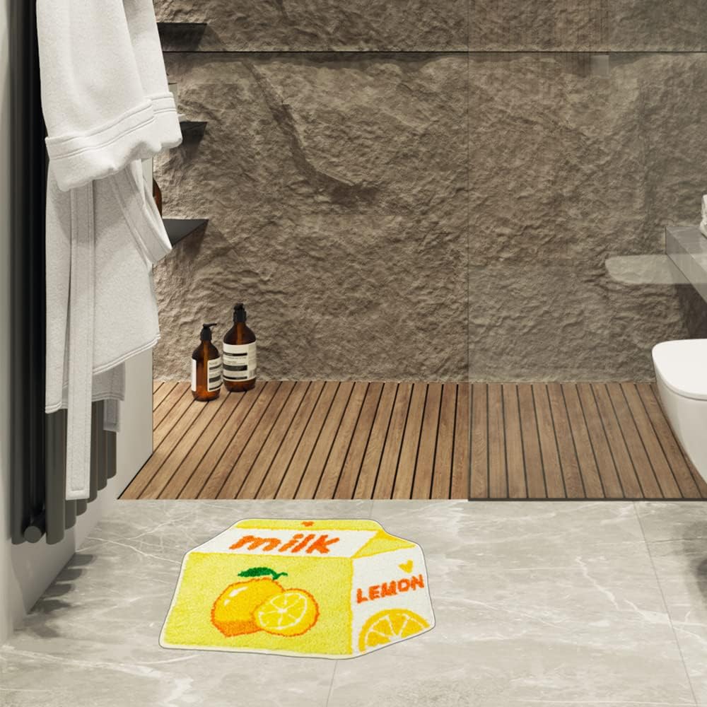 Lemon Fruit Bath Mat for Bathroom Rugs Cute Yellow Absorbent Non Slip Fruit Lemon Bath Rug Milk Cartoon Shaped Fun Plush Microfiber Shower Rug Washable Carpet Fluffy Bathtub Mat Decorative