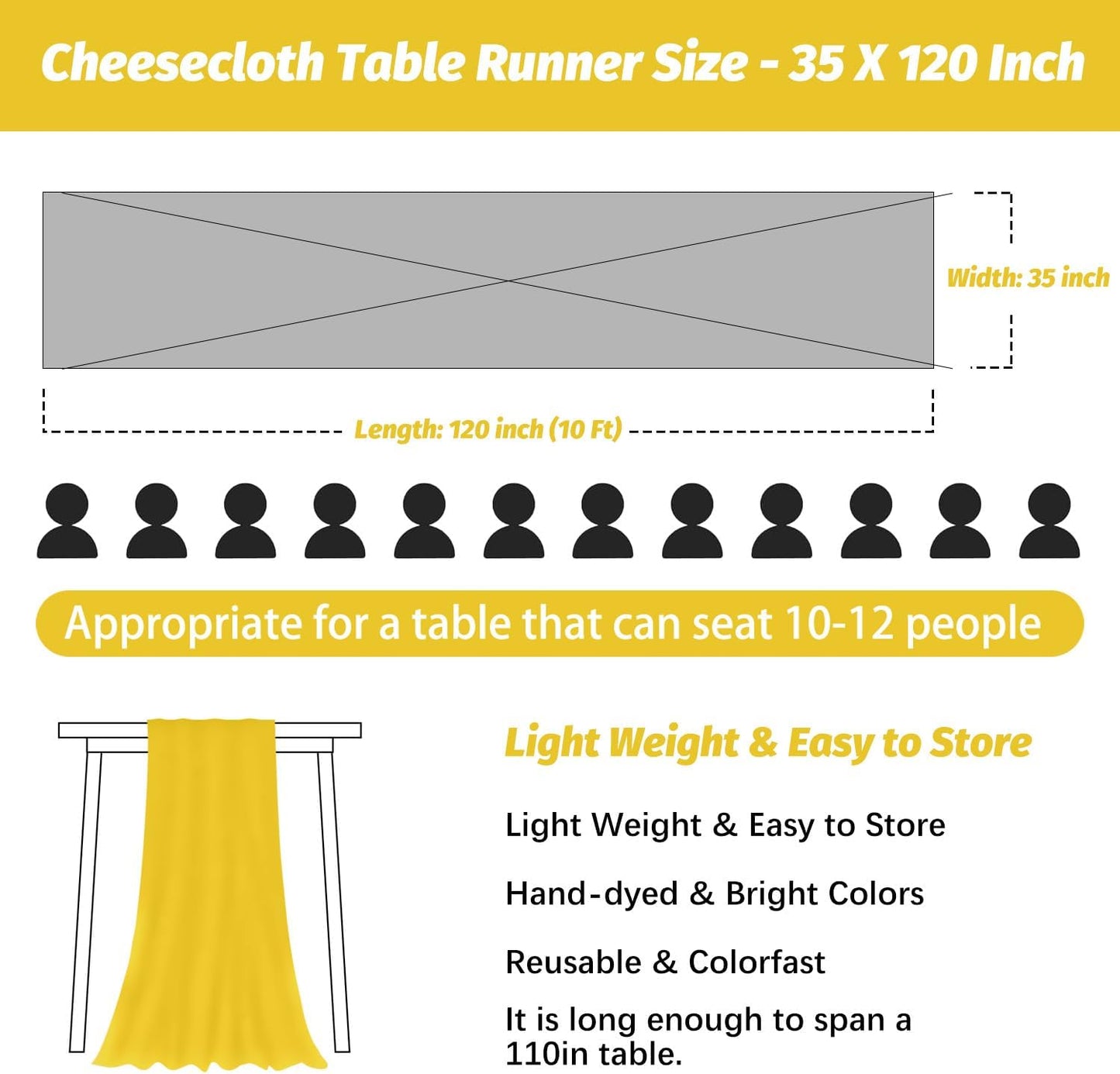 Niallant Yellow Cheesecloth Table Runner, 10 Ft x 120 Inches, Light Yellow Gauze for Dining, Wedding, Baby Shower Decor