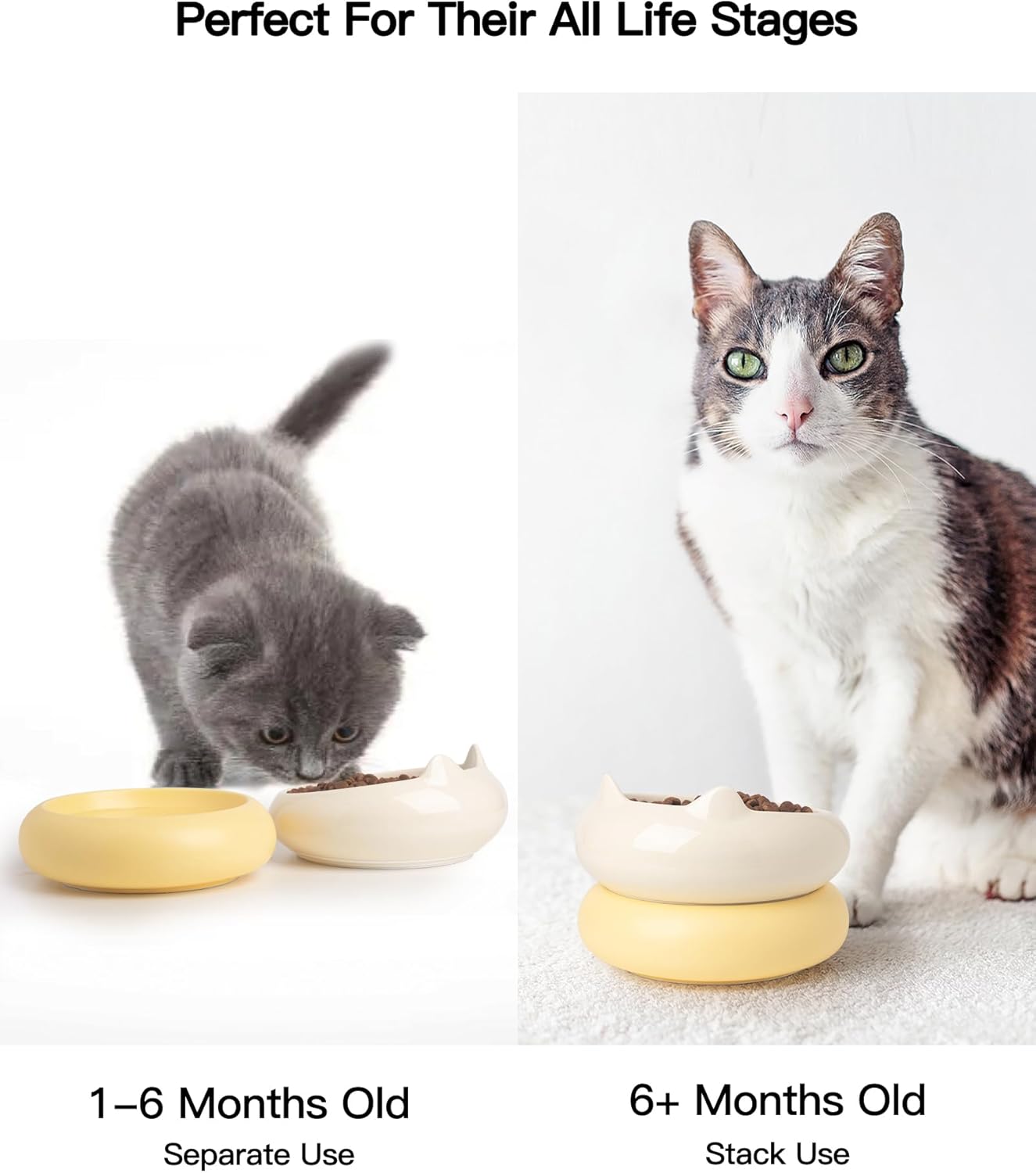 Cat Bowl, Ceramic Cat Bowls Food and Water Bowl Set, Whisker Friendly Cute Kitten Food Bowls for Protecting Pet's Spine, Beige & Yellow