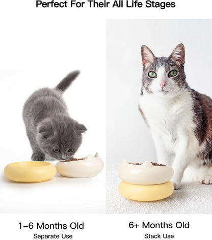 Cat Bowl, Ceramic Cat Bowls Food and Water Bowl Set, Whisker Friendly Cute Kitten Food Bowls for Protecting Pet's Spine, Beige & Yellow
