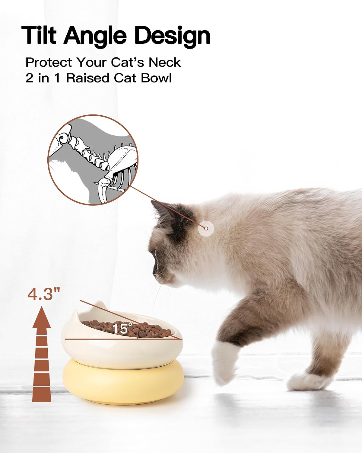 Cat Bowl, Ceramic Cat Bowls Food and Water Bowl Set, Whisker Friendly Cute Kitten Food Bowls for Protecting Pet's Spine, Beige & Yellow
