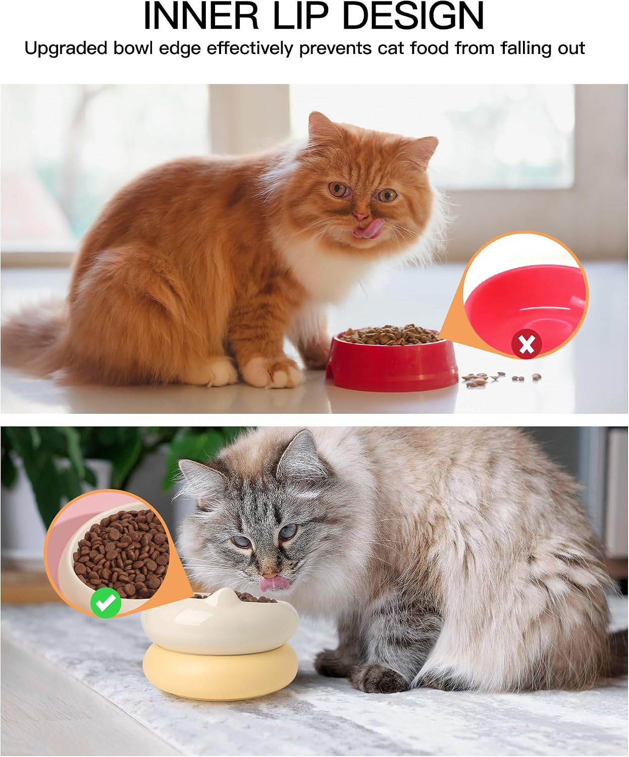 Cat Bowl, Ceramic Cat Bowls Food and Water Bowl Set, Whisker Friendly Cute Kitten Food Bowls for Protecting Pet's Spine, Beige & Yellow