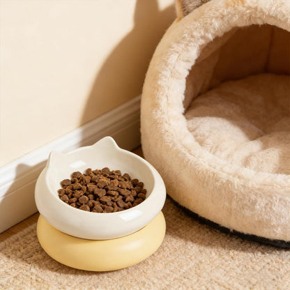 Cat Bowl, Ceramic Cat Bowls Food and Water Bowl Set, Whisker Friendly Cute Kitten Food Bowls for Protecting Pet's Spine, Beige & Yellow