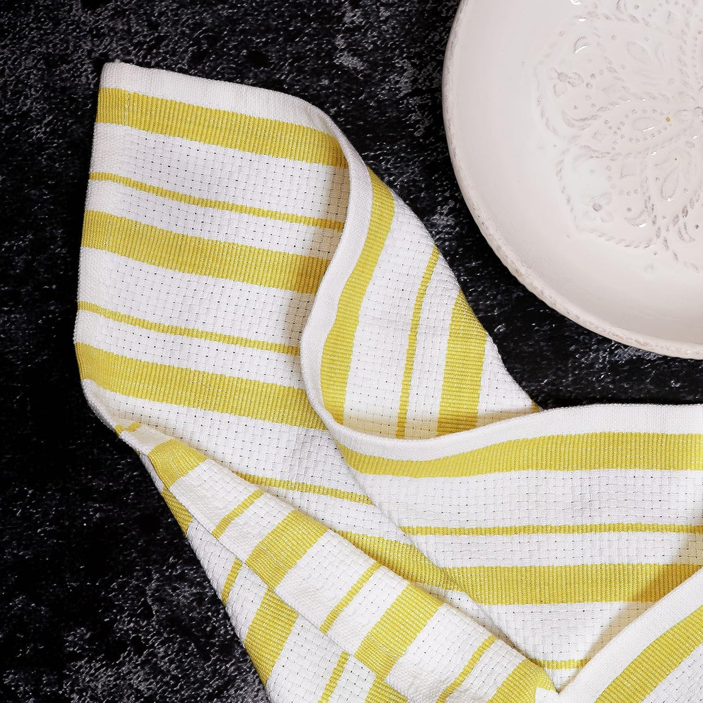 Oversized Kitchen Towels -4 Pack 100% Cotton Basketweave Tea Dish Towels - Absorbent Reusable Low Lint Quick Dry - Cooking Drying Restaurant Bar Cleaning Cloth Napkin -20x30 Yellow Stripe