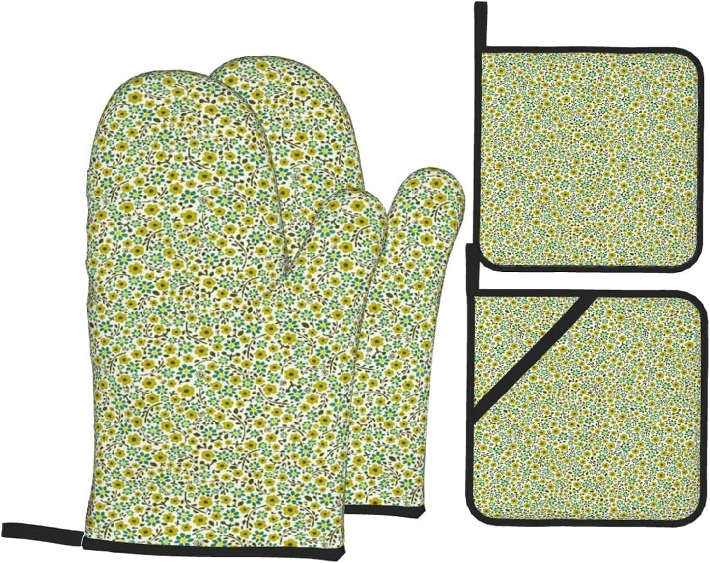 Yellow and Blue Flowers On White Background 4 Pack Custom Design Oven Mitts Pot Holders Set, Thick Polyester Kitchen Gloves for Home Baking Backyard Grilling