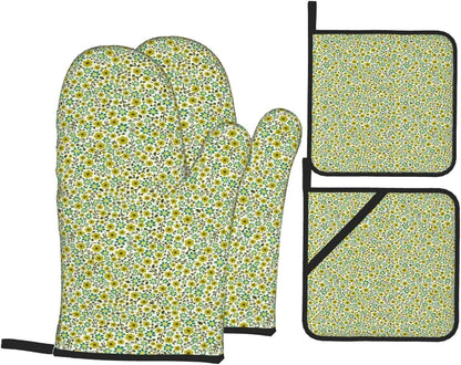Yellow and Blue Flowers On White Background 4 Pack Custom Design Oven Mitts Pot Holders Set, Thick Polyester Kitchen Gloves for Home Baking Backyard Grilling