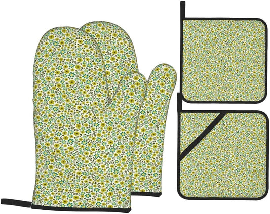 Yellow and Blue Flowers On White Background 4 Pack Custom Design Oven Mitts Pot Holders Set, Thick Polyester Kitchen Gloves for Home Baking Backyard Grilling