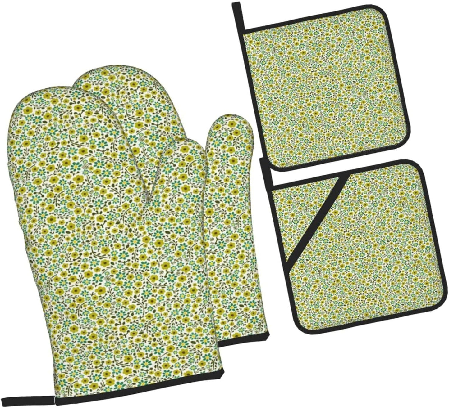 Yellow and Blue Flowers On White Background 4 Pack Custom Design Oven Mitts Pot Holders Set, Thick Polyester Kitchen Gloves for Home Baking Backyard Grilling