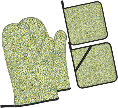 Yellow and Blue Flowers On White Background 4 Pack Custom Design Oven Mitts Pot Holders Set, Thick Polyester Kitchen Gloves for Home Baking Backyard Grilling