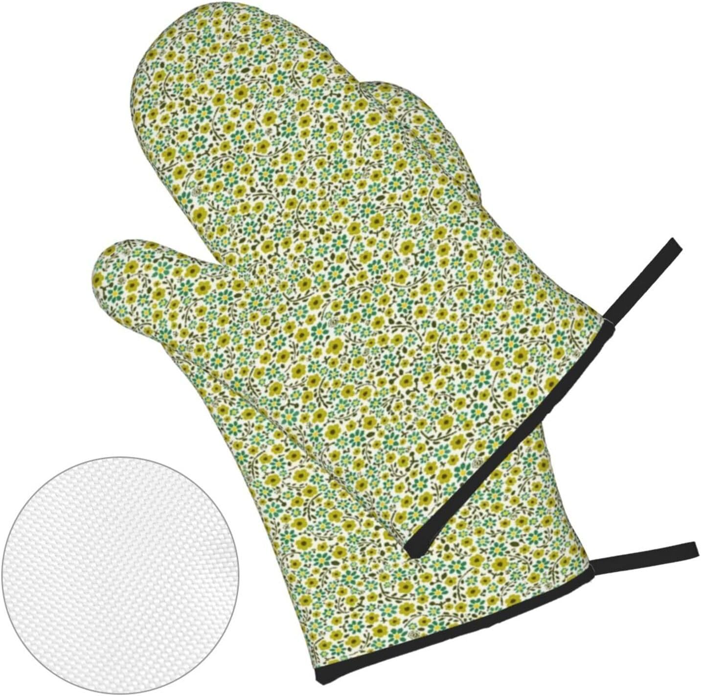 Yellow and Blue Flowers On White Background 4 Pack Custom Design Oven Mitts Pot Holders Set, Thick Polyester Kitchen Gloves for Home Baking Backyard Grilling