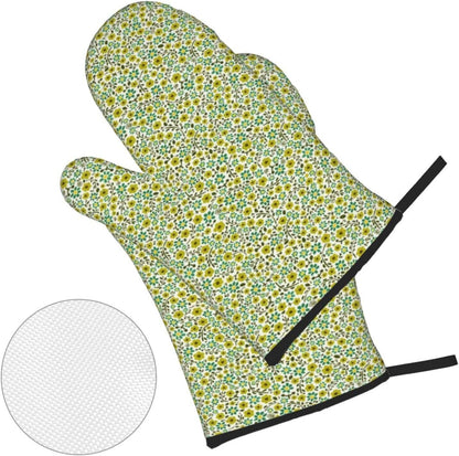 Yellow and Blue Flowers On White Background 4 Pack Custom Design Oven Mitts Pot Holders Set, Thick Polyester Kitchen Gloves for Home Baking Backyard Grilling