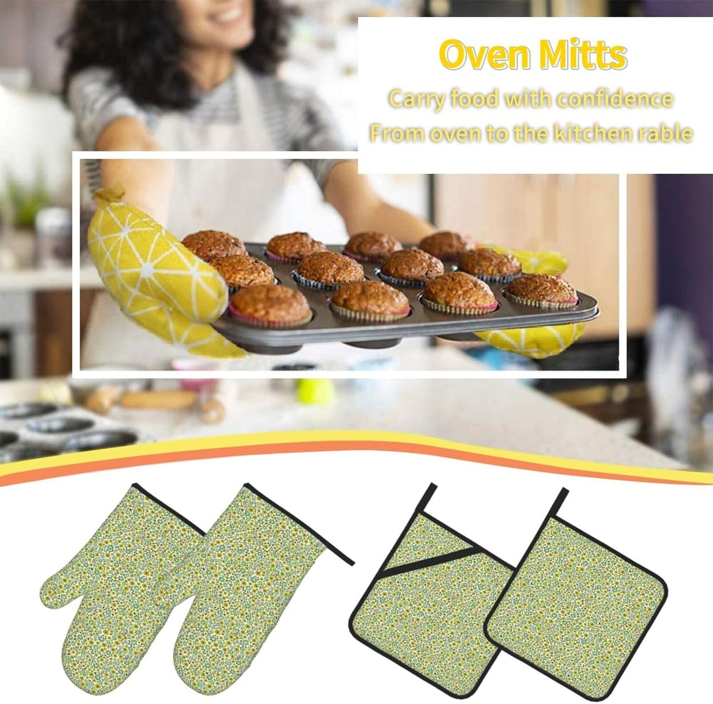 Yellow and Blue Flowers On White Background 4 Pack Custom Design Oven Mitts Pot Holders Set, Thick Polyester Kitchen Gloves for Home Baking Backyard Grilling