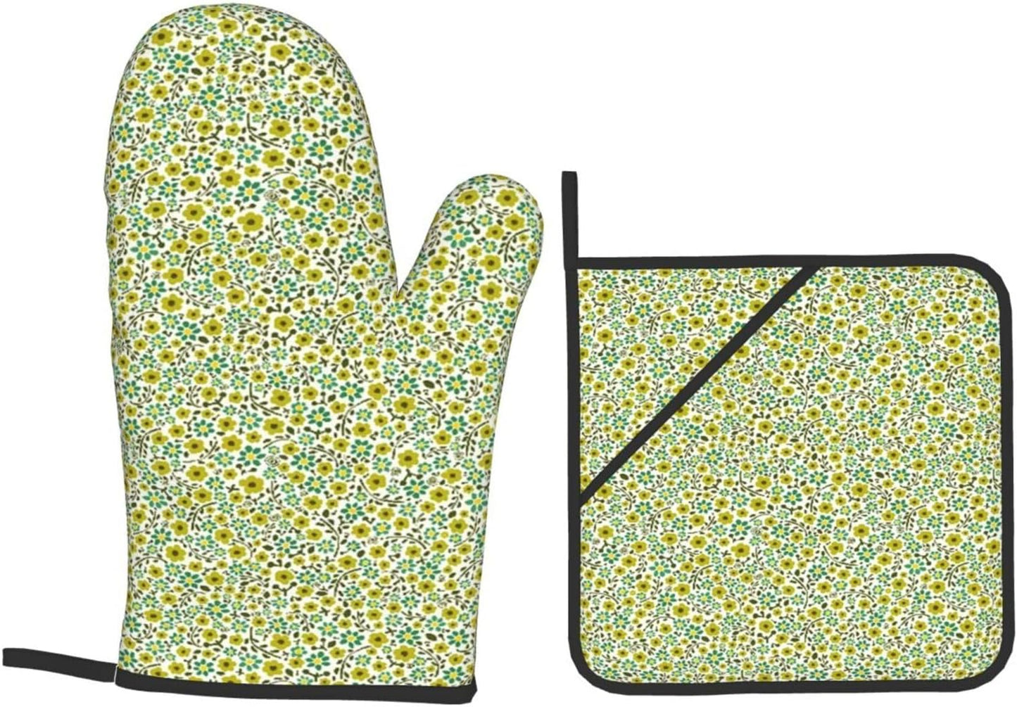Yellow and Blue Flowers On White Background 4 Pack Custom Design Oven Mitts Pot Holders Set, Thick Polyester Kitchen Gloves for Home Baking Backyard Grilling