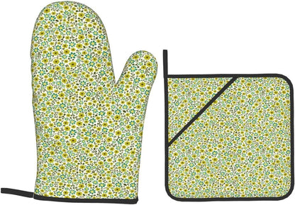 Yellow and Blue Flowers On White Background 4 Pack Custom Design Oven Mitts Pot Holders Set, Thick Polyester Kitchen Gloves for Home Baking Backyard Grilling