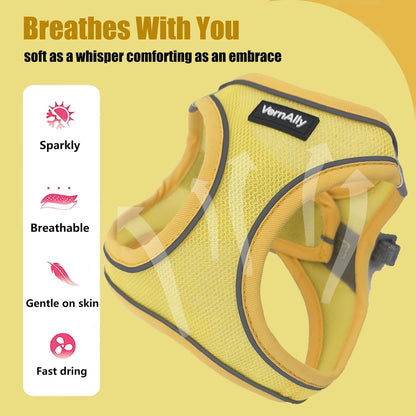 Sparkly Dog Harness Small Sized and Leash Set for Small Dogs Cats,Yellow XS Puppy Harness, Step in Soft Dog Reflective Vest, Breathable Mesh Pet Harness. (Yellow, XS)