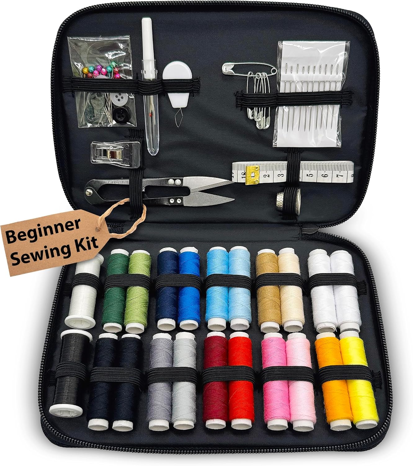 Beginner Sewing Kit for Adults and Kids, 22 Threads, Travel Case | Small beginner hand sew kit with sewing supplies, needles, scissors, thimble for home, travel, & emergency clothing repairs