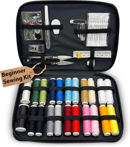 Beginner Sewing Kit for Adults and Kids, 22 Threads, Travel Case | Small beginner hand sew kit with sewing supplies, needles, scissors, thimble for home, travel, & emergency clothing repairs