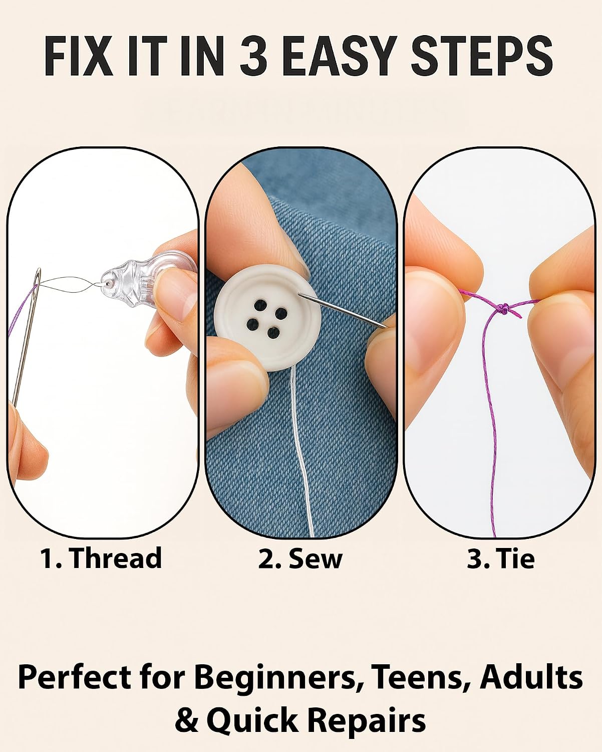 Beginner Sewing Kit for Adults and Kids, 22 Threads, Travel Case | Small beginner hand sew kit with sewing supplies, needles, scissors, thimble for home, travel, & emergency clothing repairs