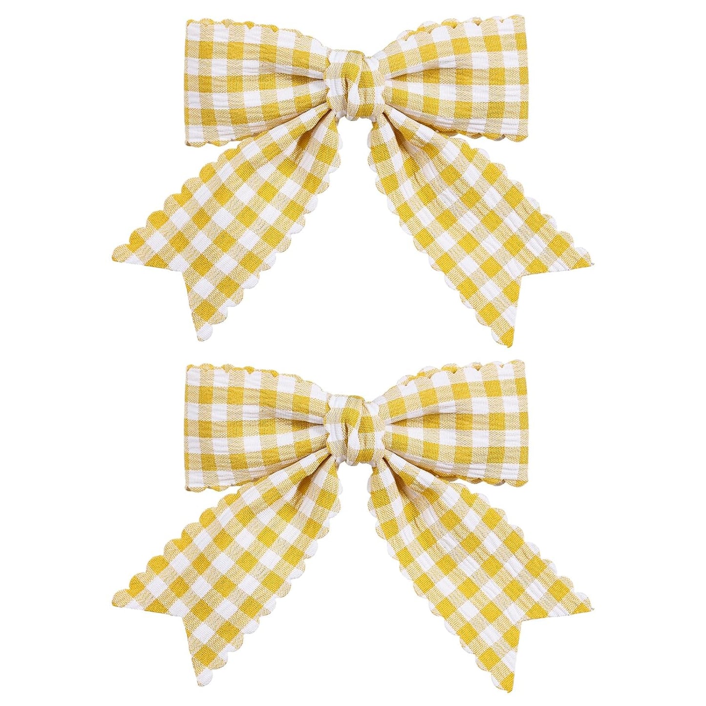 3'' Yellow Gingham Plaid Scalloped Edged Ribbon Hair Bows Clip 2pc Grids Checkered Alligator Clip for Teen Girls Women Back to School Birthday Easter Dress Accessory Summer Gift