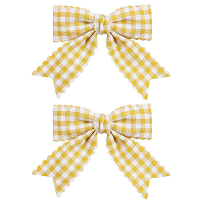 3'' Yellow Gingham Plaid Scalloped Edged Ribbon Hair Bows Clip 2pc Grids Checkered Alligator Clip for Teen Girls Women Back to School Birthday Easter Dress Accessory Summer Gift