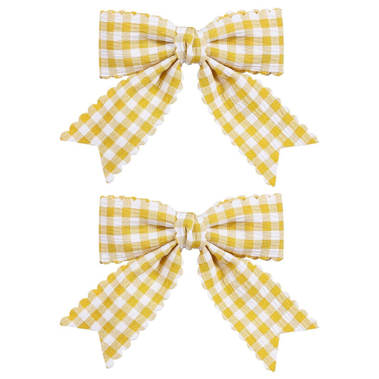 3'' Yellow Gingham Plaid Scalloped Edged Ribbon Hair Bows Clip 2pc Grids Checkered Alligator Clip for Teen Girls Women Back to School Birthday Easter Dress Accessory Summer Gift