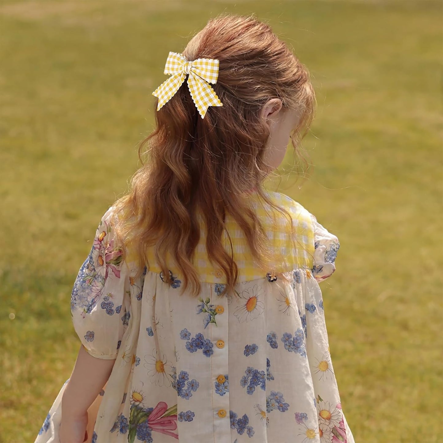 3'' Yellow Gingham Plaid Scalloped Edged Ribbon Hair Bows Clip 2pc Grids Checkered Alligator Clip for Teen Girls Women Back to School Birthday Easter Dress Accessory Summer Gift