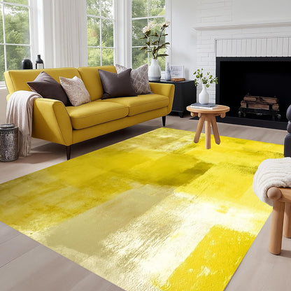 Bright Yellow Off White Abstract Art Deco Washable Rugs for Living Room Bedroom Playroom Modern Aesthetic Ombre Tie Dyed Area Rug Stylish Home Office Nursery Guestroom Foldable Non Slip Carpet 4x6