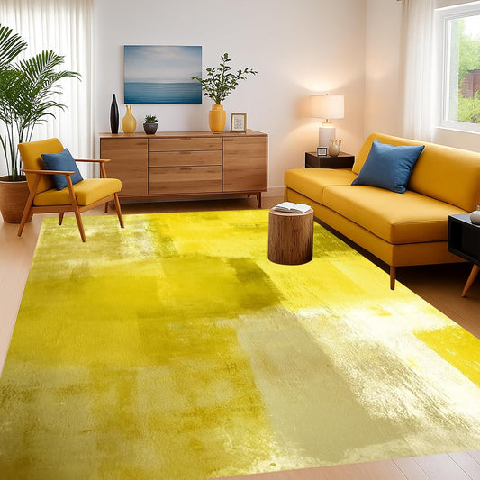Bright Yellow Off White Abstract Art Deco Washable Rugs for Living Room Bedroom Playroom Modern Aesthetic Ombre Tie Dyed Area Rug Stylish Home Office Nursery Guestroom Foldable Non Slip Carpet 4x6