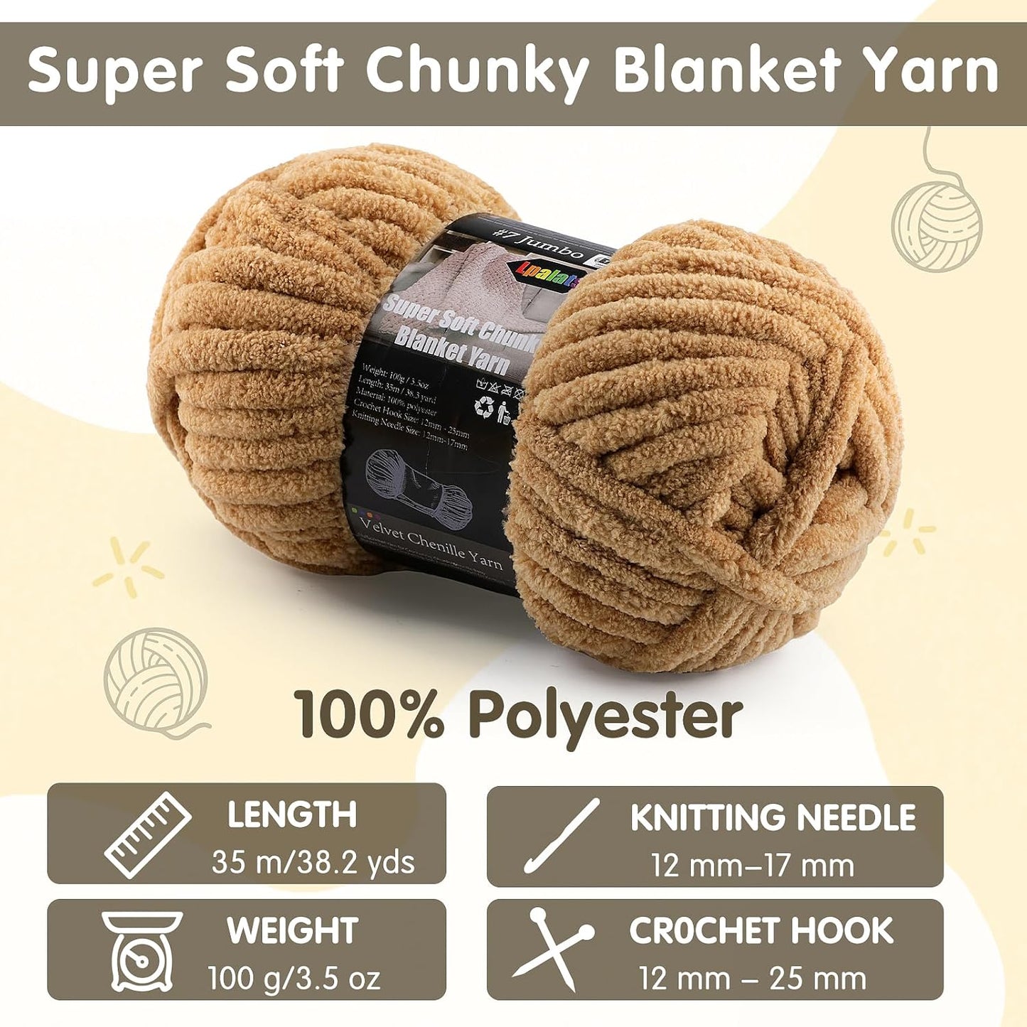 Super Soft Chunky Chenille Yarn for Crocheting & Knitting - 3.52oz/38.2yd per Skein, Ultra Plush Velvet Yarn for Baby Blankets, Amigurumi & Crafts, Soft Yellow, 1 Skein