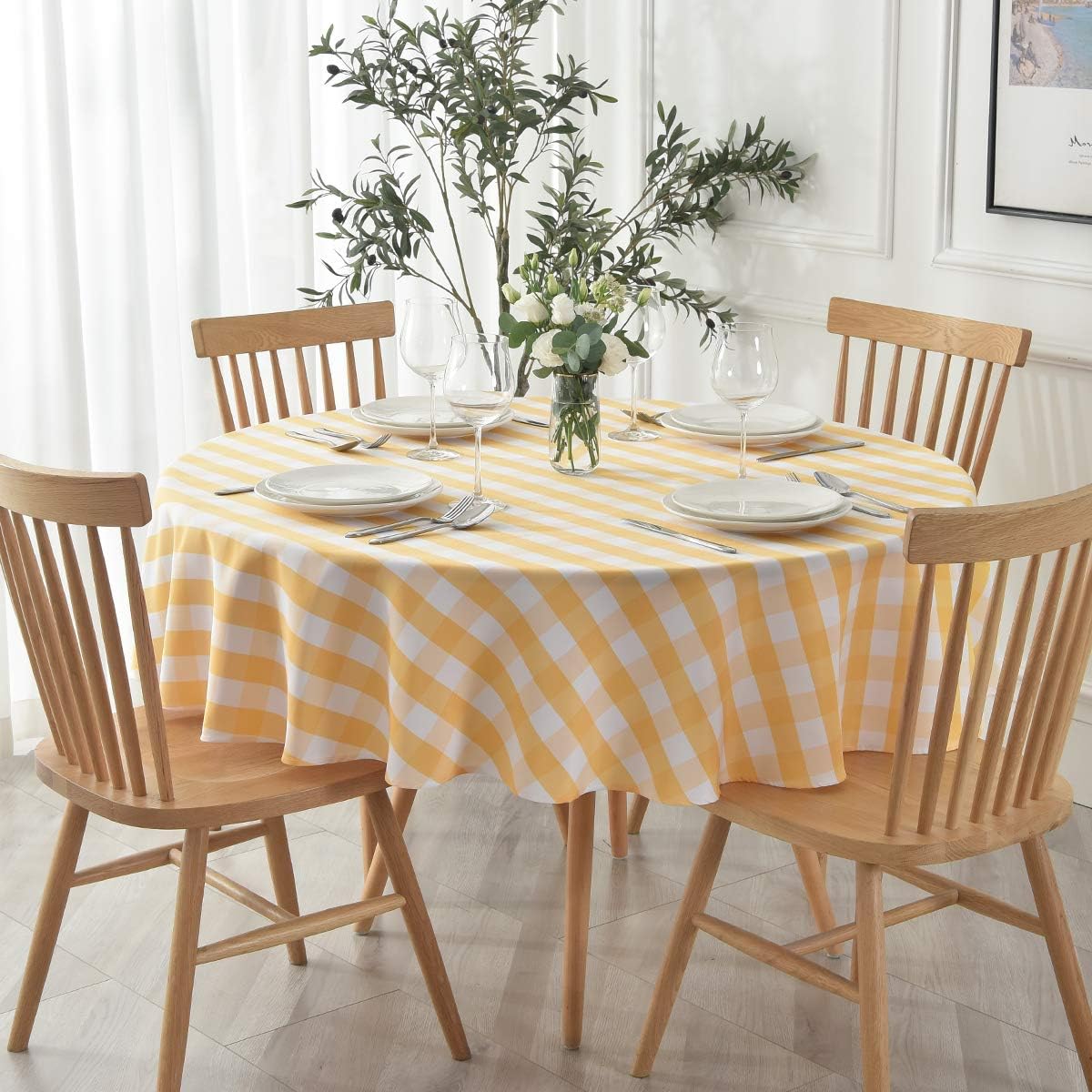 Round Checkered Tablecloth Spillproof Wrinkle Free Heavy Weight Gingham Table Cloth for Circular Table Buffalo Plaid for Buffet Banquet Parties Holiday Dinner 70 Inch Yellow and White