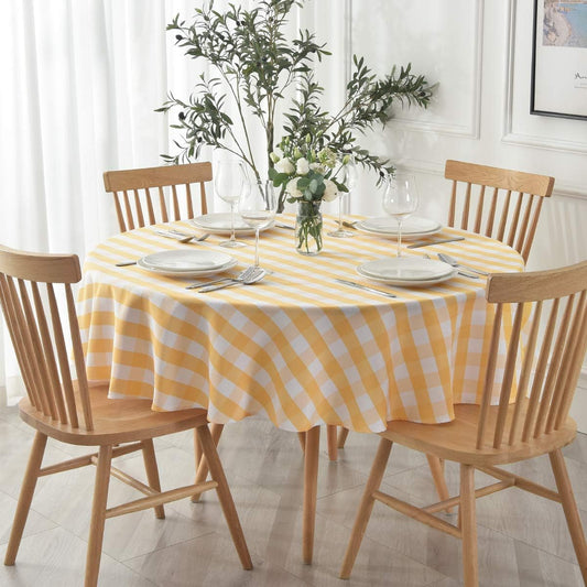 Round Checkered Tablecloth Spillproof Wrinkle Free Heavy Weight Gingham Table Cloth for Circular Table Buffalo Plaid for Buffet Banquet Parties Holiday Dinner 70 Inch Yellow and White