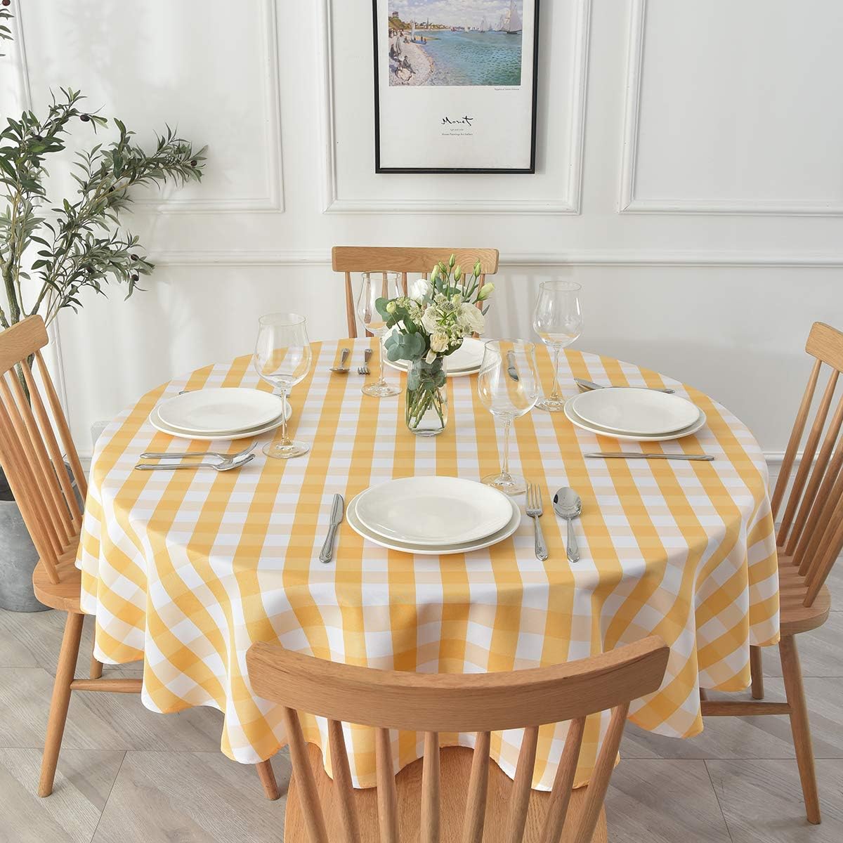 Round Checkered Tablecloth Spillproof Wrinkle Free Heavy Weight Gingham Table Cloth for Circular Table Buffalo Plaid for Buffet Banquet Parties Holiday Dinner 70 Inch Yellow and White