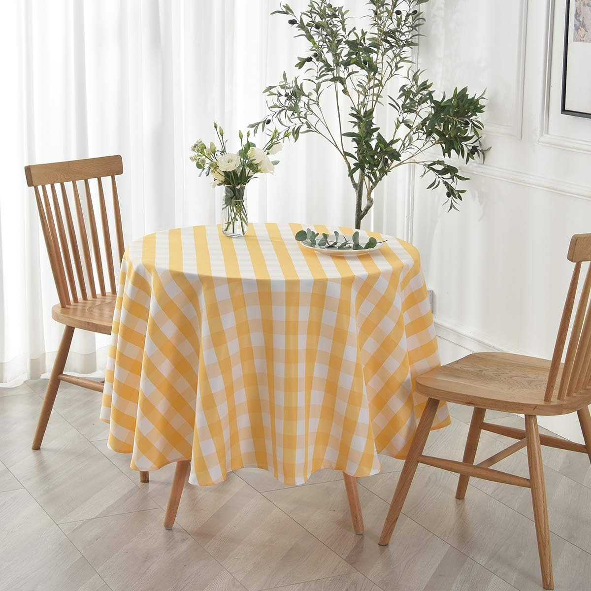Round Checkered Tablecloth Spillproof Wrinkle Free Heavy Weight Gingham Table Cloth for Circular Table Buffalo Plaid for Buffet Banquet Parties Holiday Dinner 70 Inch Yellow and White