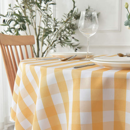 Round Checkered Tablecloth Spillproof Wrinkle Free Heavy Weight Gingham Table Cloth for Circular Table Buffalo Plaid for Buffet Banquet Parties Holiday Dinner 70 Inch Yellow and White