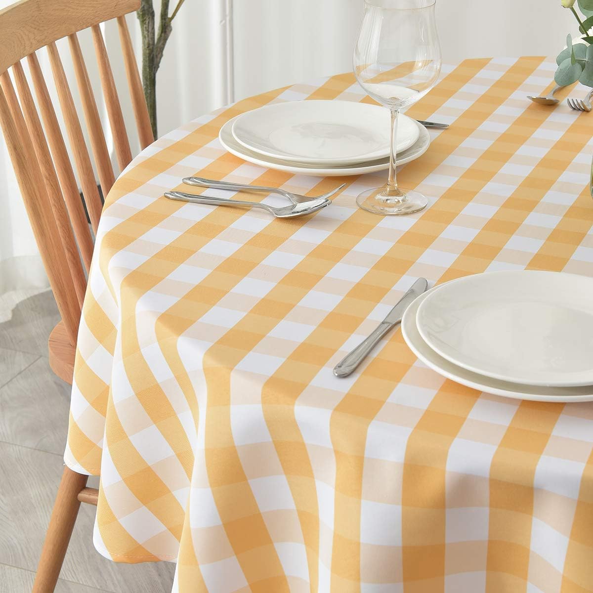 Round Checkered Tablecloth Spillproof Wrinkle Free Heavy Weight Gingham Table Cloth for Circular Table Buffalo Plaid for Buffet Banquet Parties Holiday Dinner 70 Inch Yellow and White