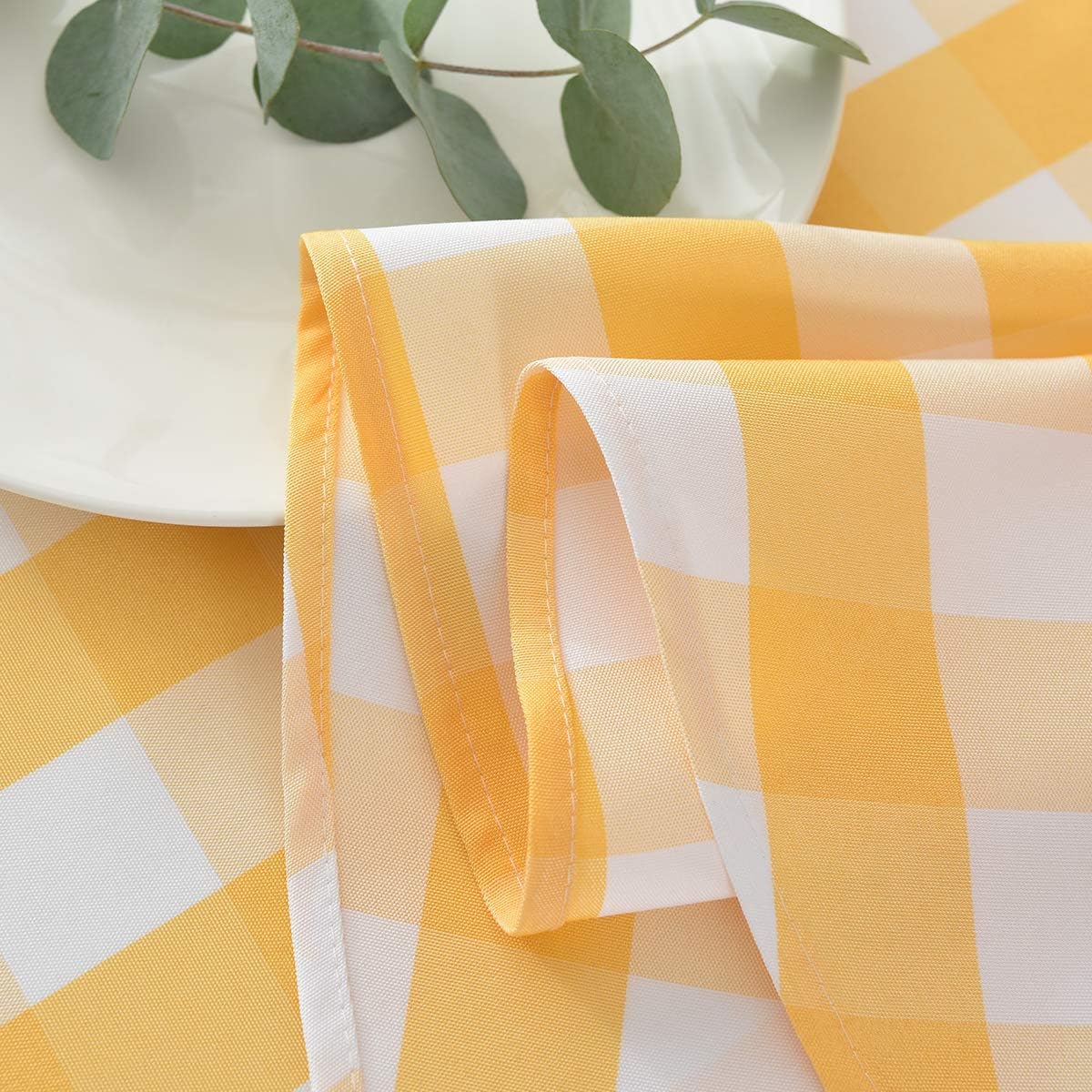 Round Checkered Tablecloth Spillproof Wrinkle Free Heavy Weight Gingham Table Cloth for Circular Table Buffalo Plaid for Buffet Banquet Parties Holiday Dinner 70 Inch Yellow and White