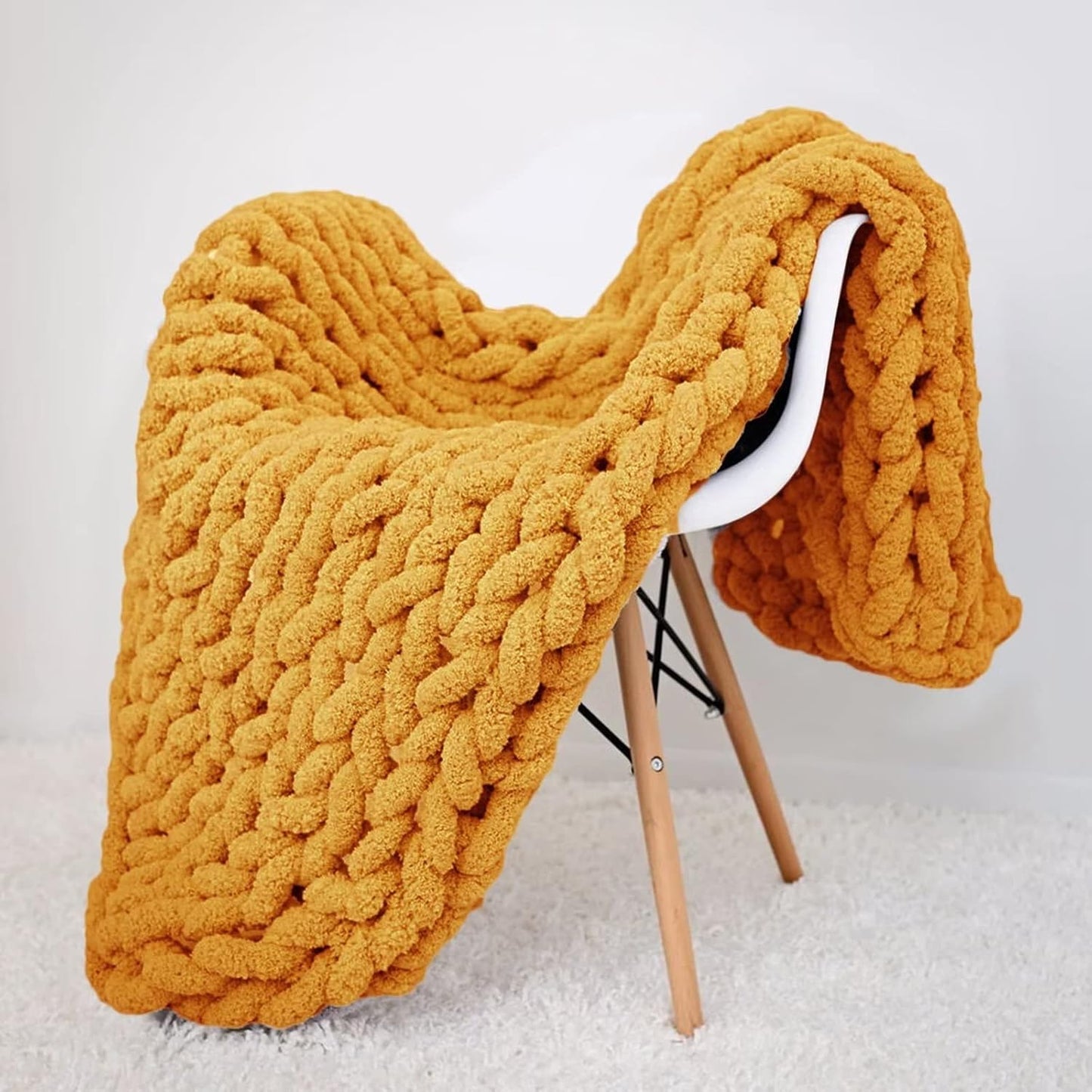 Hand Knit Throw Blanket 39x47 Warm Chunky Knit Bed Throw Soft Chenille Blanket for Sofa Couch Cozy Room Decor Yellow