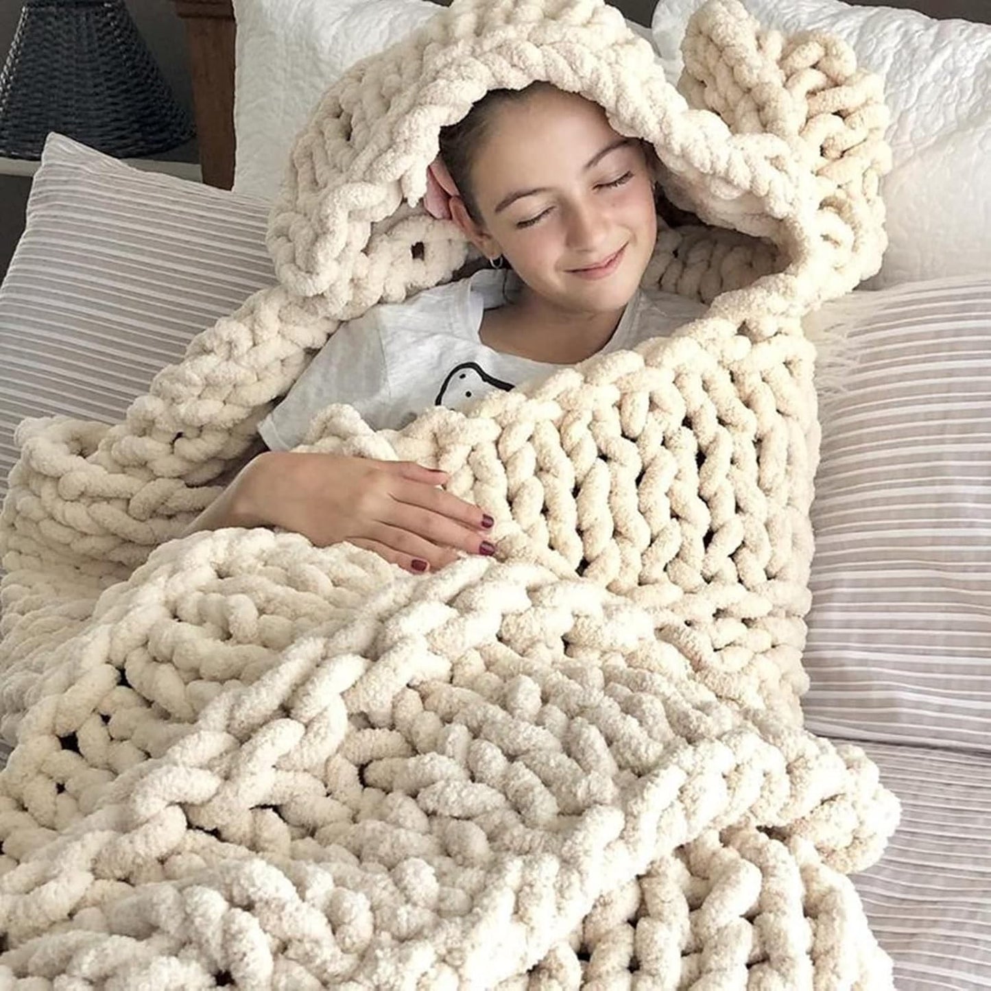 Hand Knit Throw Blanket 39x47 Warm Chunky Knit Bed Throw Soft Chenille Blanket for Sofa Couch Cozy Room Decor Yellow