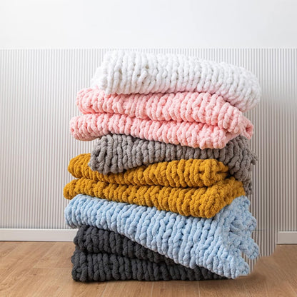 Hand Knit Throw Blanket 39x47 Warm Chunky Knit Bed Throw Soft Chenille Blanket for Sofa Couch Cozy Room Decor Yellow