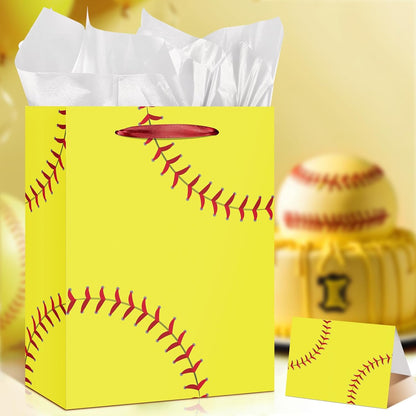 Softball Gift Bag with Tissue Paper and Greeting Card Yellow Softball Theme Birthday Gift Wrapping Bag Decorations for Girls Women Sport Birthday Party Favors Goodie Treat Gifts Wrap Bag Team Supplies