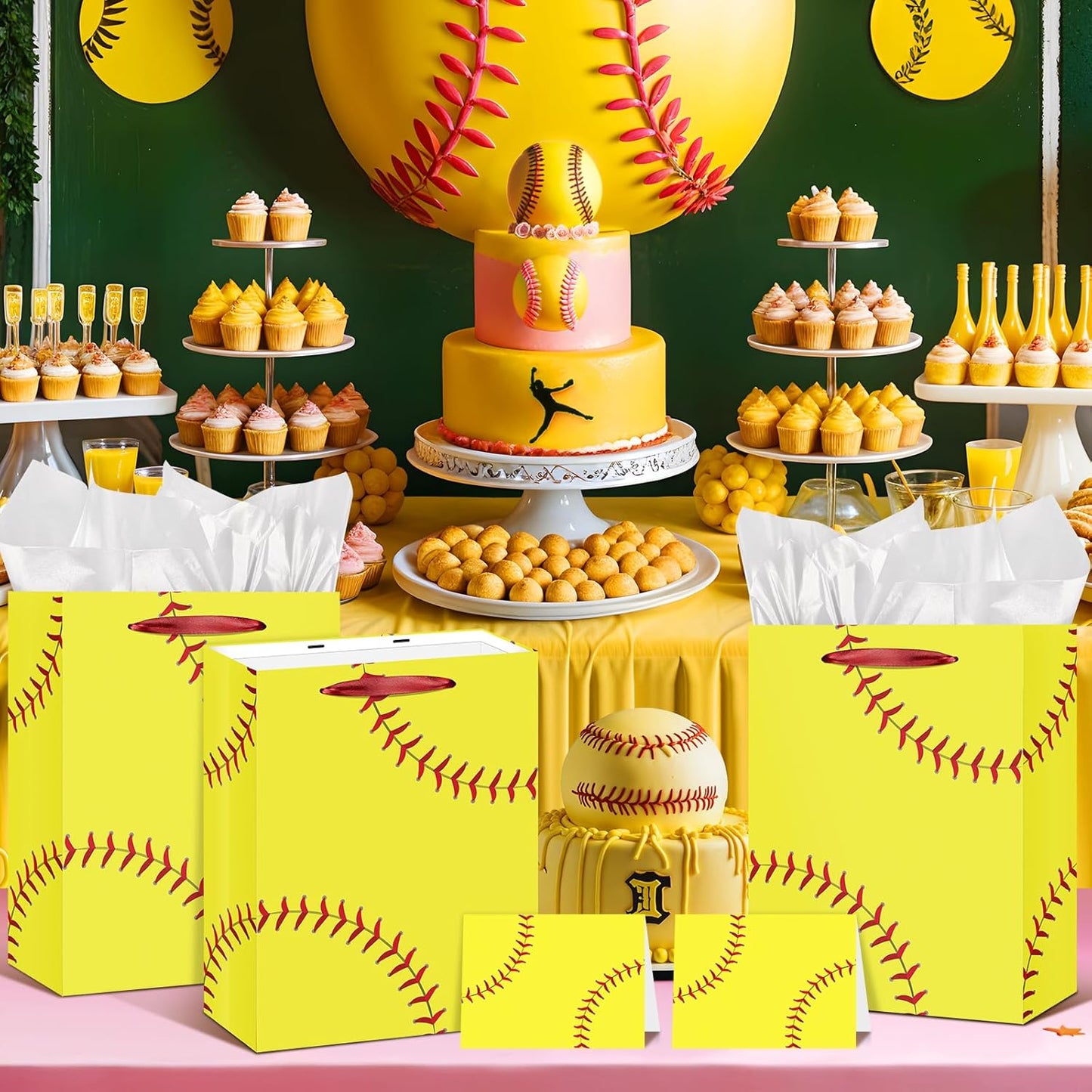 Softball Gift Bag with Tissue Paper and Greeting Card Yellow Softball Theme Birthday Gift Wrapping Bag Decorations for Girls Women Sport Birthday Party Favors Goodie Treat Gifts Wrap Bag Team Supplies
