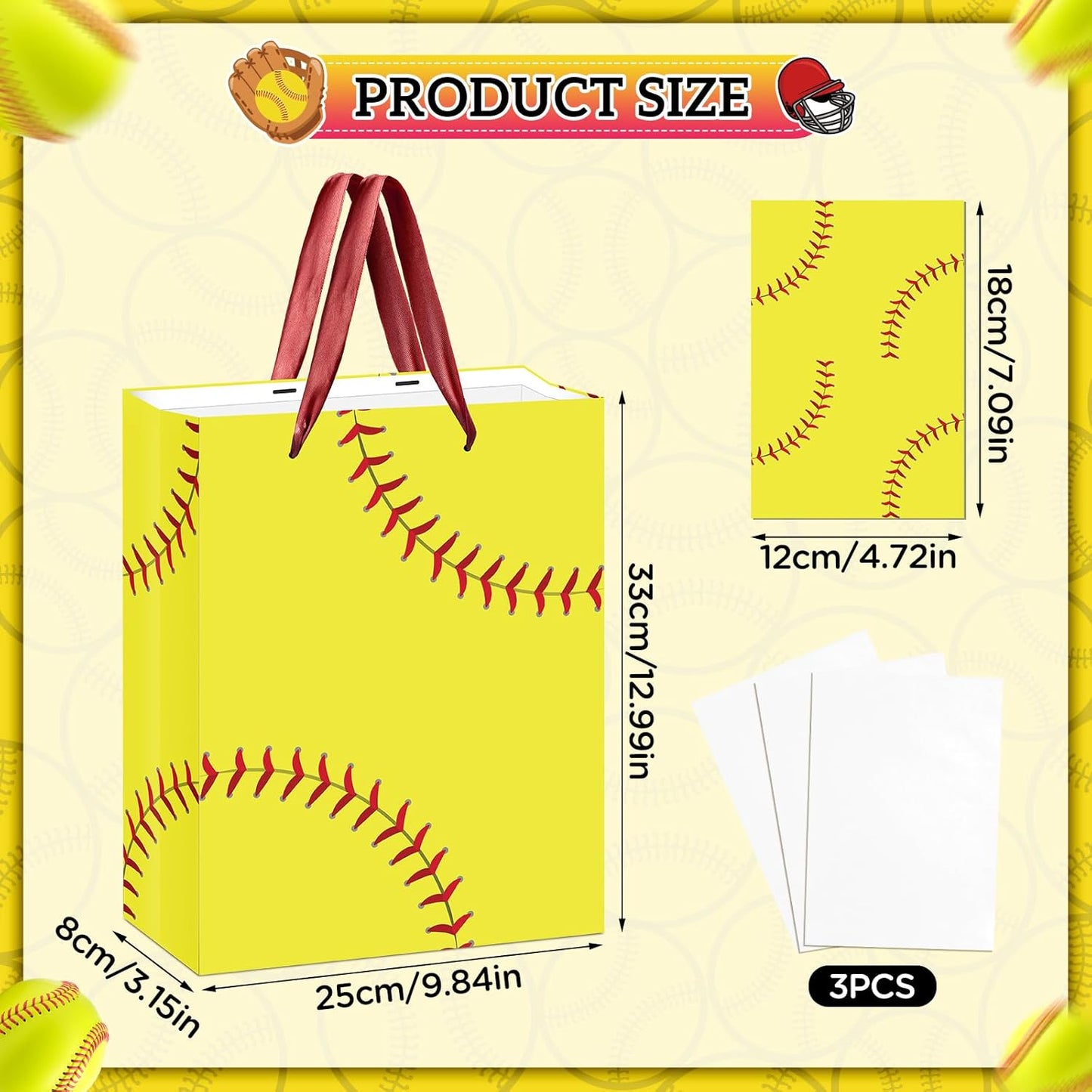 Softball Gift Bag with Tissue Paper and Greeting Card Yellow Softball Theme Birthday Gift Wrapping Bag Decorations for Girls Women Sport Birthday Party Favors Goodie Treat Gifts Wrap Bag Team Supplies