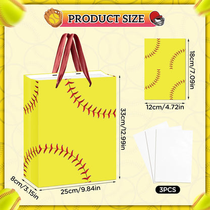 Softball Gift Bag with Tissue Paper and Greeting Card Yellow Softball Theme Birthday Gift Wrapping Bag Decorations for Girls Women Sport Birthday Party Favors Goodie Treat Gifts Wrap Bag Team Supplies